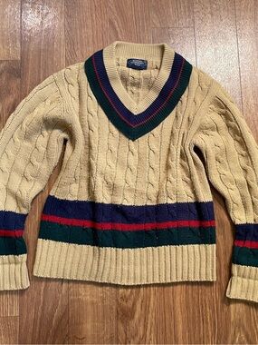 Vintage Campus Lacrosse Sweater Cricket Cable Knit Ivy Prep Country Club Large